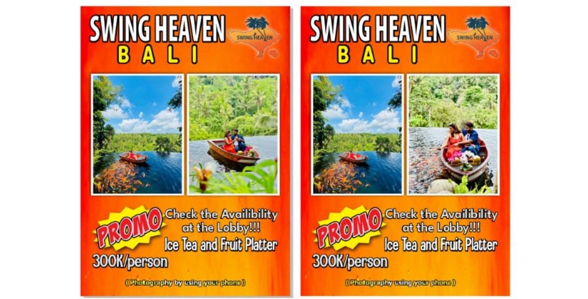 Koi pond boat photo promo at Swing Heaven Bali with ice tea and fruit platter