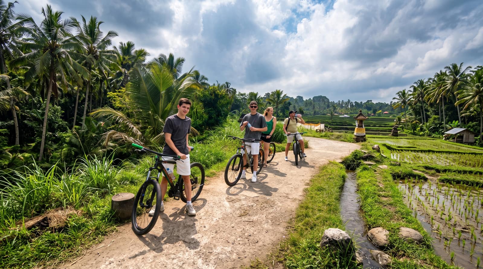 Group cycling through Pejeng rice terraces on the Ubud ricefield village tour