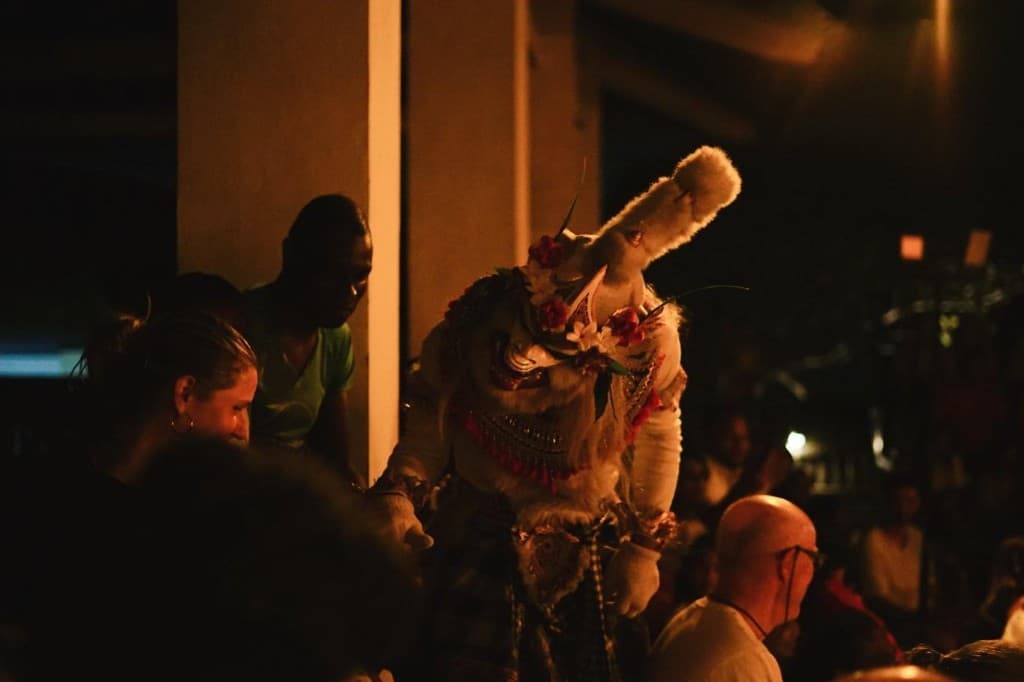 Hanoman character in white fur and flowers moving through the seated guests