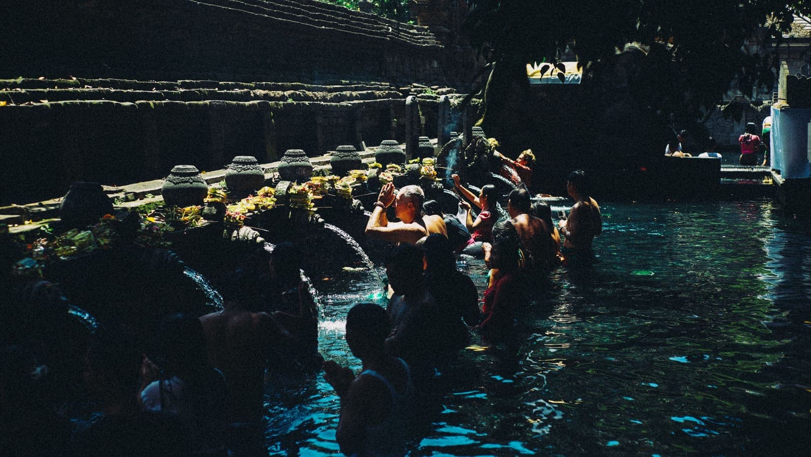 Guests in the Tirta Empu holy spring pool for a guided melukat ritual