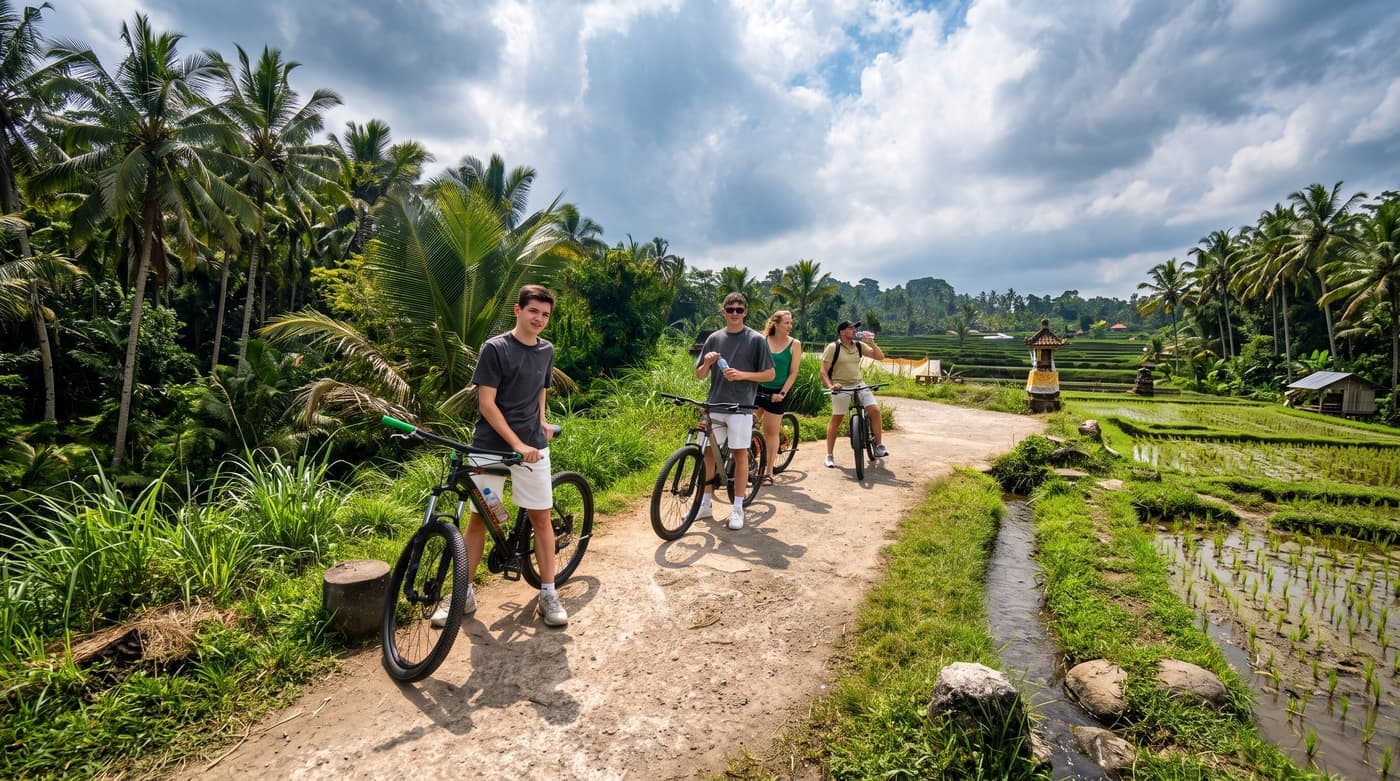 Group cycling through Pejeng rice terraces on the Ubud ricefield village tour