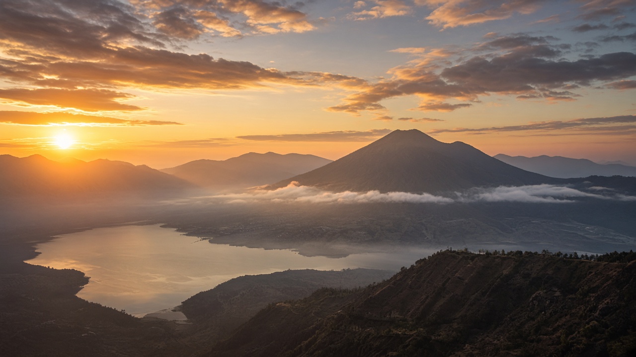 Sunrise over Mount Batur and Lake Batur in Kintamani