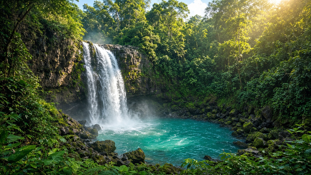 Bali jungle waterfall into a turquoise pool